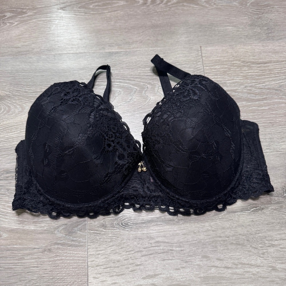Juicy Couture Black Lace Push Up Bra Gold Cherry Charm 38D Floral Intimates
